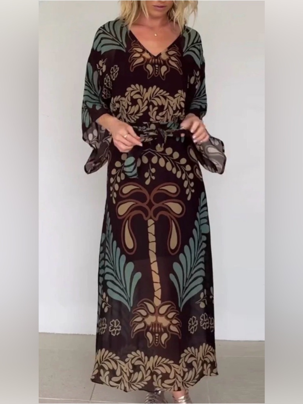 Aumora Bohemian V-Neck Loose Dress Brown Various Sizes NWT IN PACKAGE